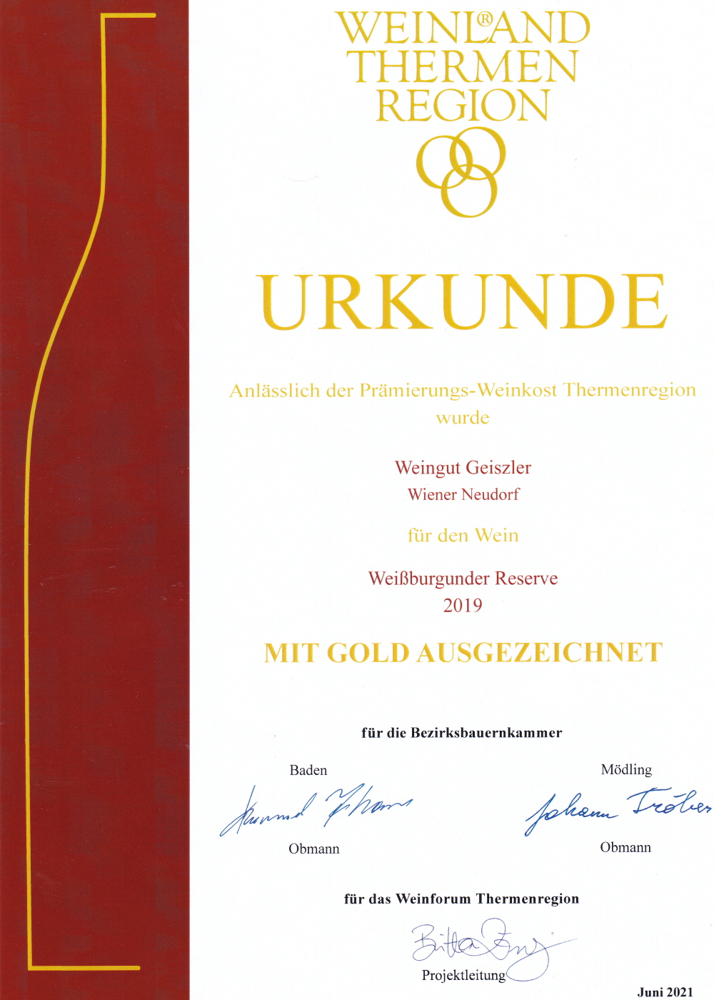 Weinland Thermenregion Gold 2021 Weißburgunder Reserve